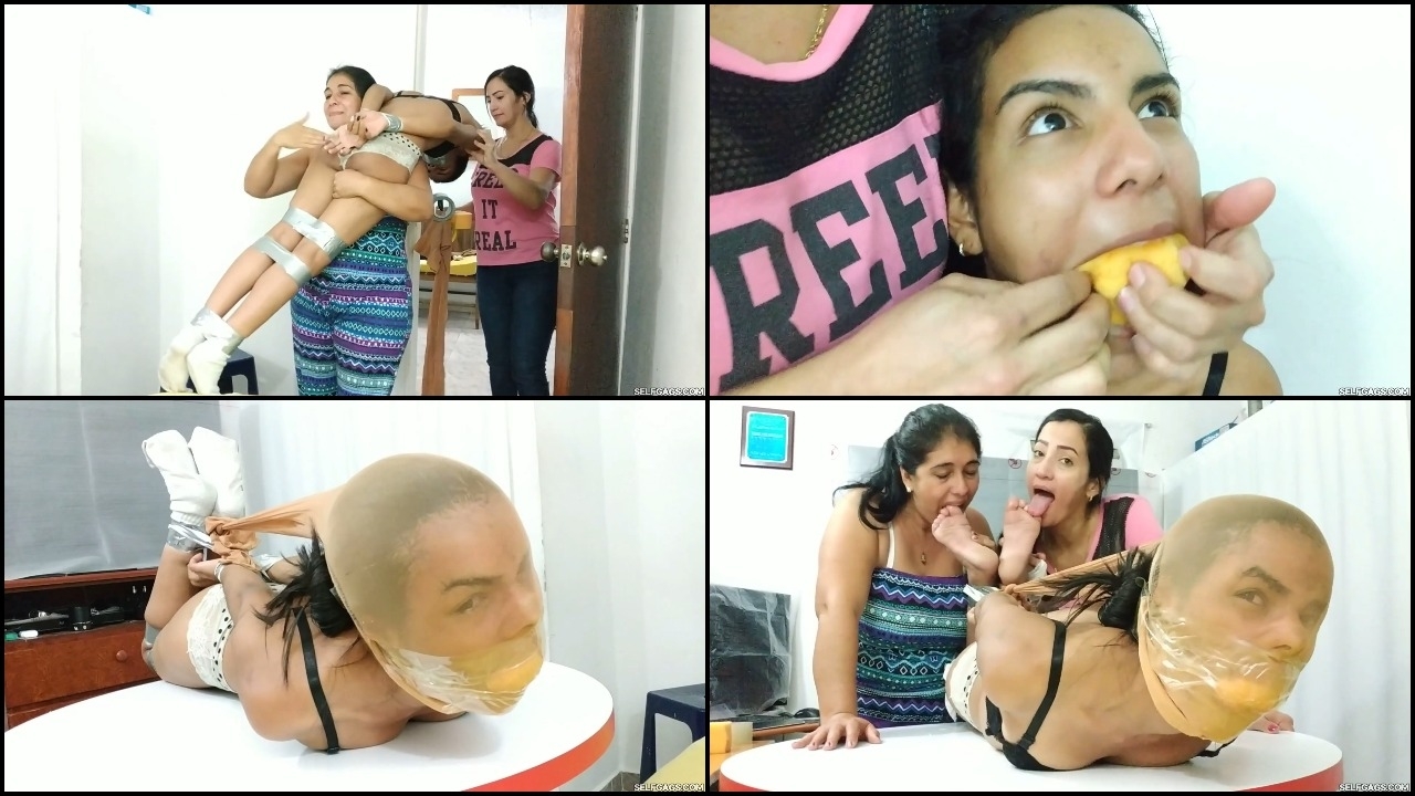 Sponge Gagged And Pantyhose Encased For Toe Sucking By Two Crazy Latina MILFs!